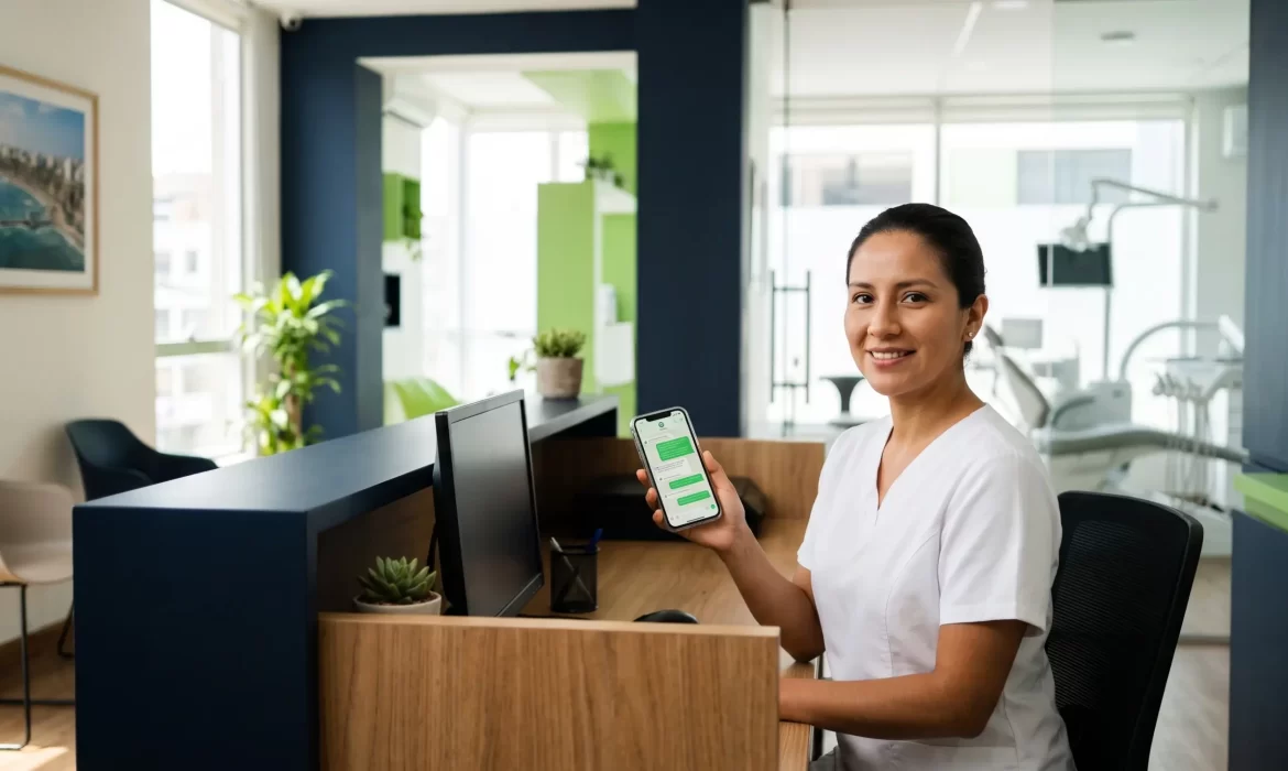 ecepcionista de clínica dental recibiendo mensajes de pacientes por WhatsApp