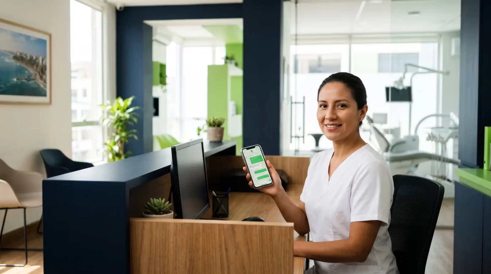 ecepcionista de clínica dental recibiendo mensajes de pacientes por WhatsApp